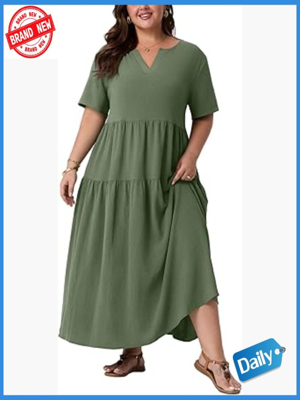 Plus Size Maxi Dress with Pockets, V-Neck Flowy Boho Beach Vacation